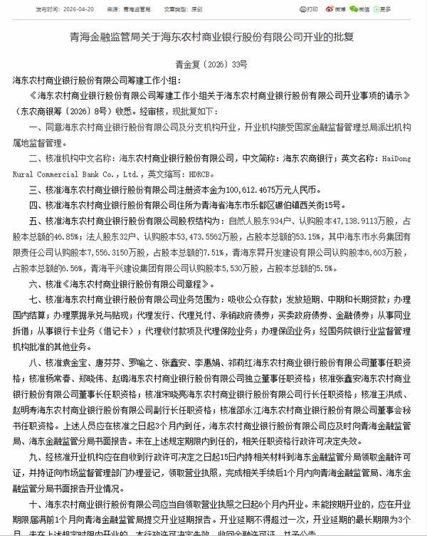 海东农商银行获批开业 注册资本金10.06亿元