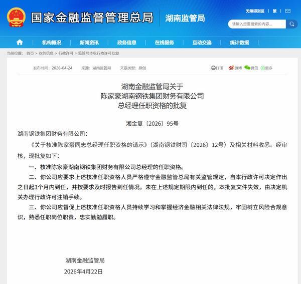 陈家豪获批担任湖南钢铁集团财务公司总经理