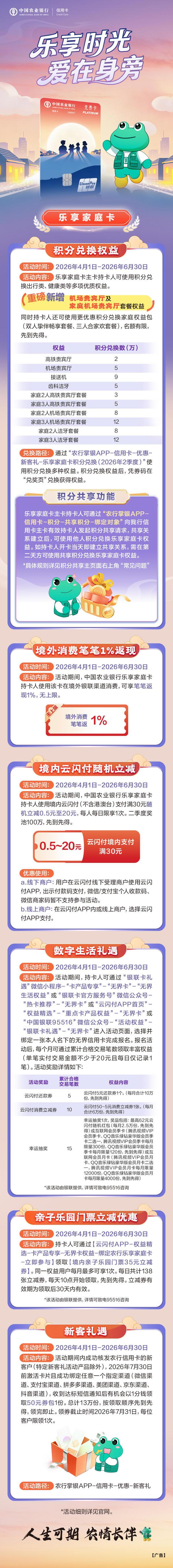 农行乐享家庭卡，多种权益轻松兑！